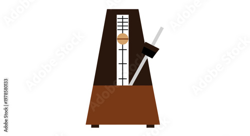 A close-up view of a traditional brown metronome with a moving pendulum and sliding weight on a white background showcasing music technology.
