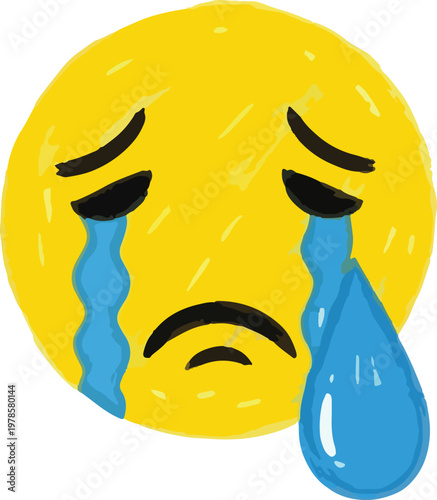 A yellow emoji face displays sadness. The emoji has dark blue tears streaming down its cheeks and a downturned mouth.