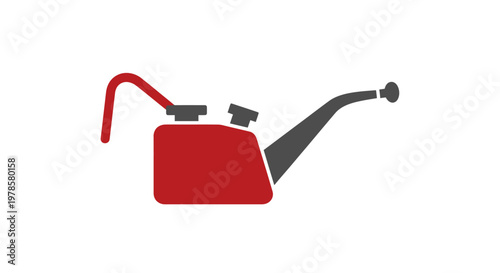 An illustration depicts a red oil can pouring liquid into a dark gray funnel with a long spout on a plain background.