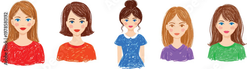 Five illustrated women with different hairstyles and colored shirts are displayed in a row. Each woman has a similar face shape and expression.