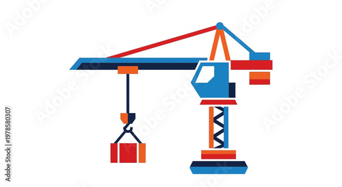 A vibrant illustration of a crane lifting a container in an industrial setting with a focus on technology and engineering.