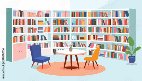 vector Cozy Reading Nook with Bookshelves and Chairs