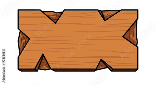 An illustration of a worn wooden plank with cracks and broken pieces on a plain background.