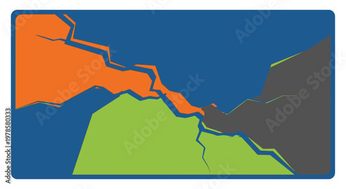 A cracked map illustration shows a fractured landscape with orange, green, and gray sections on a blue background.