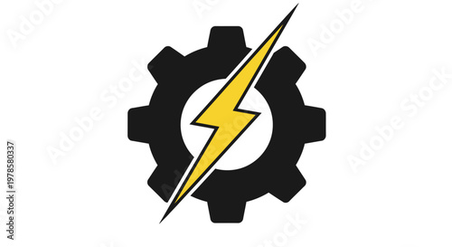 A stylized illustration of a gear with a lightning bolt striking through it, symbolizing innovation and power, set against a neutral background.