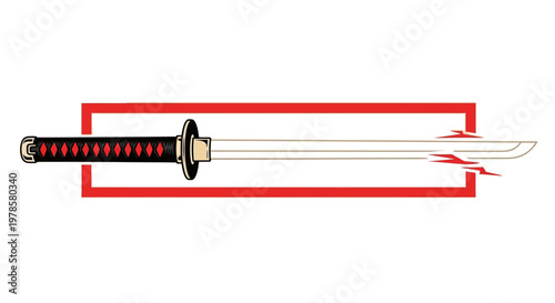 A sleek katana sword with a black and red handle lies horizontally on a surface, surrounded by a bold red rectangular outline, showcasing its sharp blade and distinctive tsuka.
