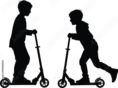 Two Black Silhouettes of Young Boys Riding Kick Scooters and Playing Together Isolated on a Plain White Background for Active Lifestyle
