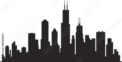 Chicago skyline silhouette with iconic skyscrapers, urban cityscape illustration, modern metropolitan architecture concept isolated on white background for design and branding use