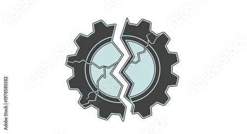 A broken gear illustration with cracked earth inside, symbolizing industrial failure, on a plain background.