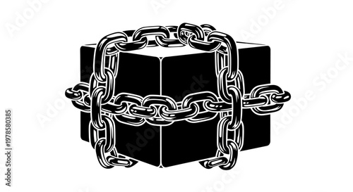 A black cube is tightly wrapped with thick metal chains in a close-up view on an industrial background.