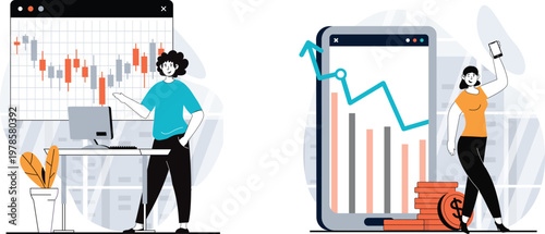 Modern office workers analyzing data visualizations on dual screens