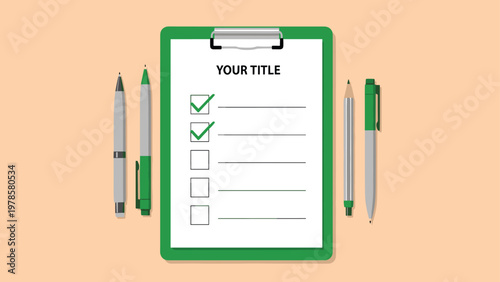 Clipboard containing a checklist with some items marked as completed and various pens and pencils placed around it on a table.