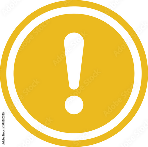 Round yellow exclamation point icon, flat attention button symbol isolated on white background for warning alert and notification design.
