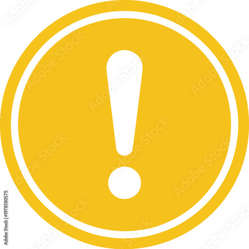 Round yellow exclamation point icon, flat attention button symbol isolated on white background for warning alert and notification design.