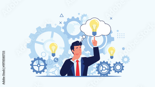 Innovative thinking concept featuring a businessman with lightbulbs and complex gears representing ideas and mechanical processes.