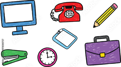 A colorful illustration features various office supplies arranged in a playful layout.