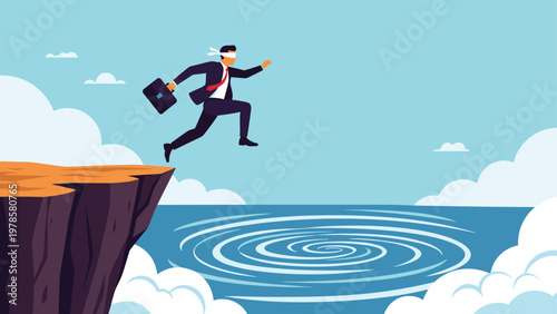 Risky business concept showing a blindfolded man leaping from a cliff over a dangerous water whirlpool in the ocean.