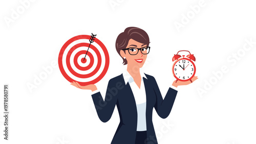 Organized businesswoman holding a target and an alarm clock in her hands to illustrate time management and goal setting.