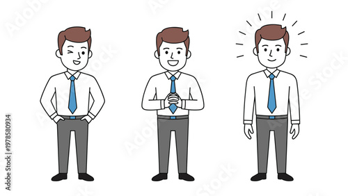 Set of three illustrations showing a businessman in different emotional states and gestures including winking and praying.