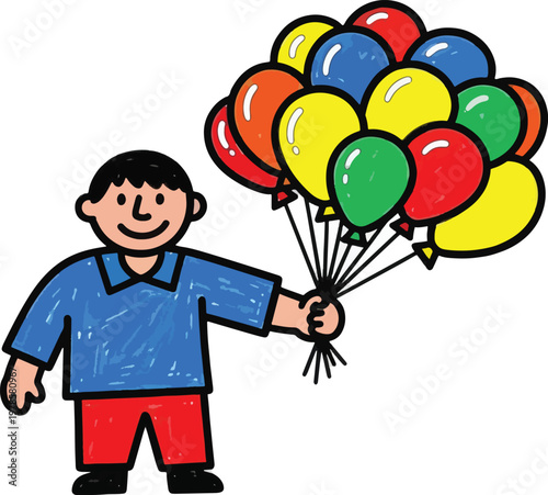 A cheerful boy is holding a bunch of colorful balloons. He is smiling and appears to be offering them.