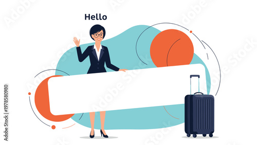 Friendly businesswoman waving her hand while standing next to a large blank white banner and a black travel suitcase.
