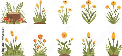 Flower and Plant Collection with Yellow Flowers, Green Leaves, and Stump – Vector Illustration Set