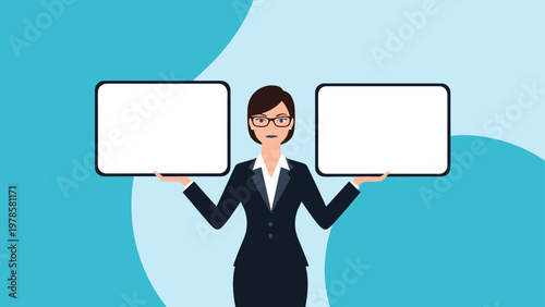 Businesswoman wearing glasses stands confidently while holding two large blank white boards for your custom text or advertisement.