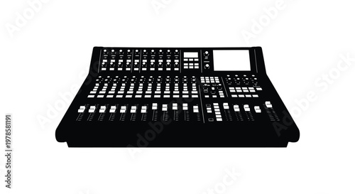 Black audio mixing console displayed against a white background silhouette