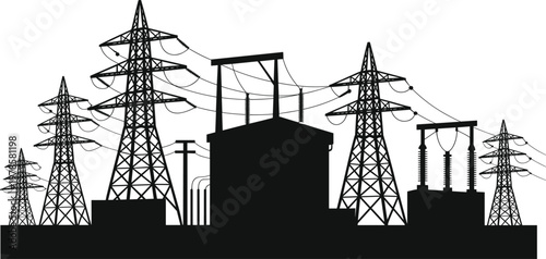 High voltage power station and transmission towers silhouette, electricity grid infrastructure concept, industrial energy distribution system with cables isolated on white background illustration