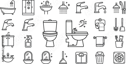 Toilet and Bathroom Sanitary Line Icons Set
