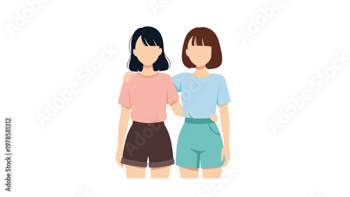 Two young female friends stand together with their arms around each other in a simple and clean flat vector illustration style.