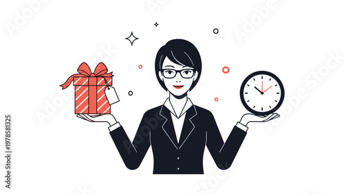 Professional businesswoman balances a red gift box and a wall clock in her hands to represent the concept of time and rewards.