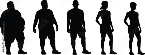 Human body types silhouette from overweight to fit figures, weight loss and fitness transformation concept, healthy lifestyle progression isolated on white background illustration