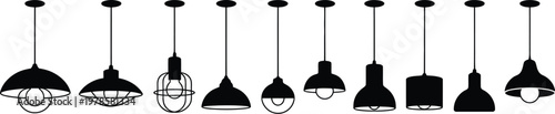 Industrial pendant light icon set with black silhouette hanging lamps ceiling chandelier and vintage loft lighting fixtures for interior decoration