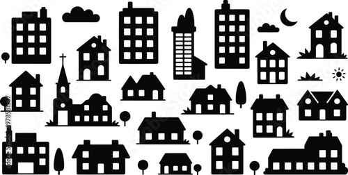 Large collection of black building silhouettes and house icons including skyscrapers apartments suburban homes church and city landscape vector elements.