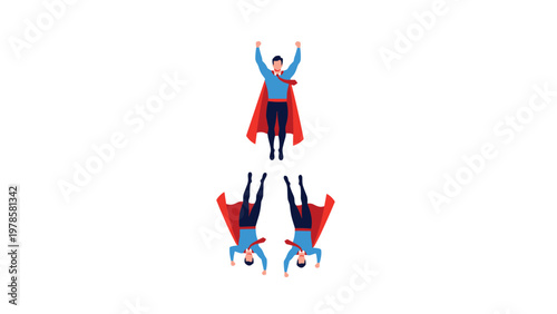 Suit-clad superheroes fly in different directions with one soaring upward and two diving downward against a white background.