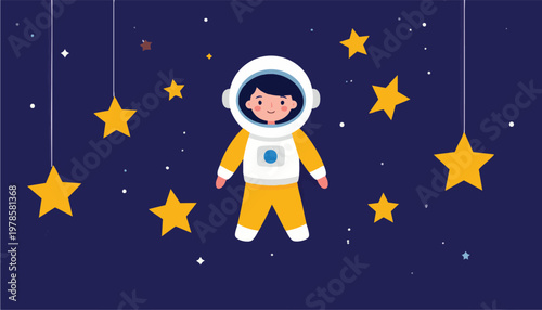 Cute Astronaut Child Floating Among Stars in Space Illustration