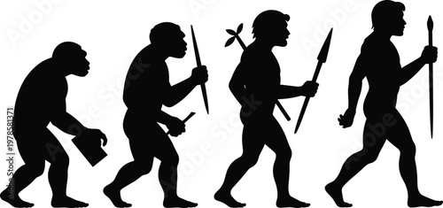 Human evolution silhouette from primitive ape to modern man with tools and weapons, evolution theory concept, anthropology progression isolated on white background illustration