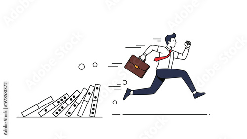 Determined businessman in a white shirt and red tie runs away from a row of falling dominoes representing risk and consequences.