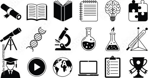 Education and science icon set with book microscope telescope laboratory flask DNA strand graduation cap and laptop symbols for school learning