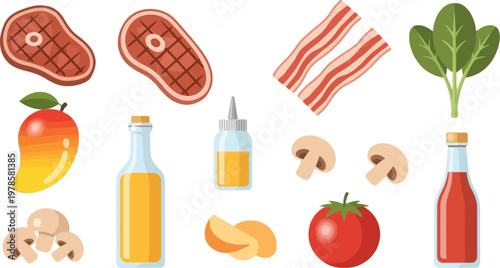 Fresh Food Ingredients and Cooking Elements Vector Set Featuring Meat, Bacon, Vegetables, Fruits, Sauces, and Mushrooms in Flat Cartoon Style