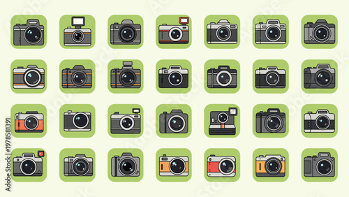 Large collection of various camera icons and digital photography equipment displayed in a neat grid using pixel art graphics.