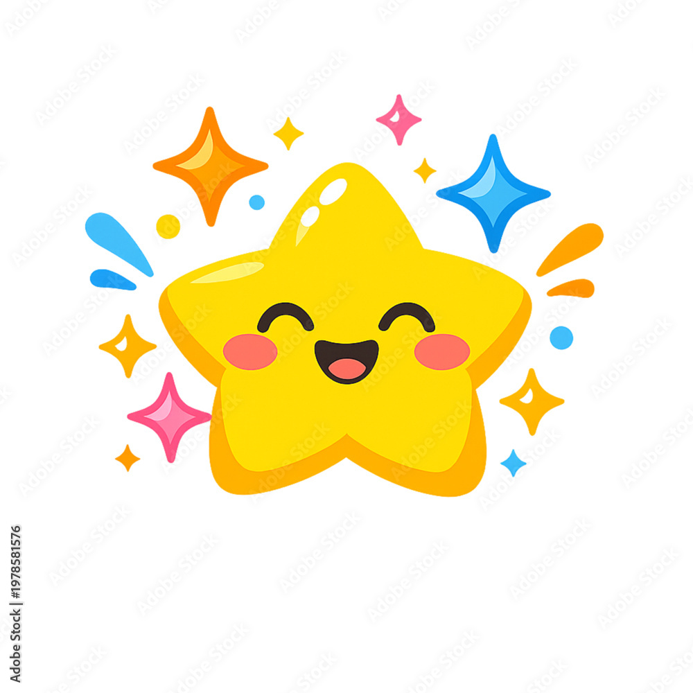 Fototapeta premium kawaii star, happy star, cute star, smiling star, cheerful star, star character, anthropomorphic star, glowing star, radiant energy, colorful energy, shining star, cute cartoon, chibi style, playful d