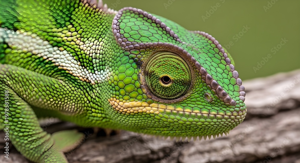 Fototapeta premium Close-up portrait of vibrant green chameleon on natural rock in wild habitat