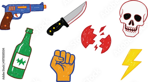 A collection of illustrated icons is displayed on a white background.