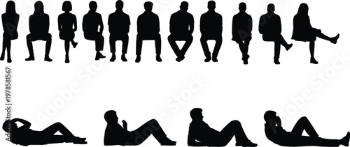 People sitting and exercising silhouette set, men and women in various poses, fitness and daily activities concept isolated on white background illustration