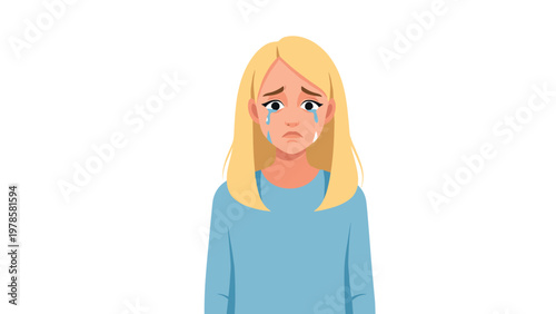 Sad young blonde woman in a blue shirt looks directly at the camera with tears streaming down her face in a flat illustration.