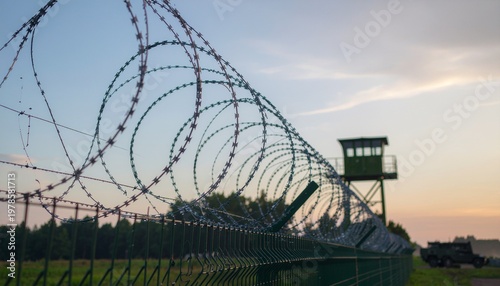 Military Border Fence with Razor Wire at Dawn under Blue Sky