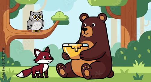 Bear, fox and owl share a peaceful moment together in a sunny forest clearing