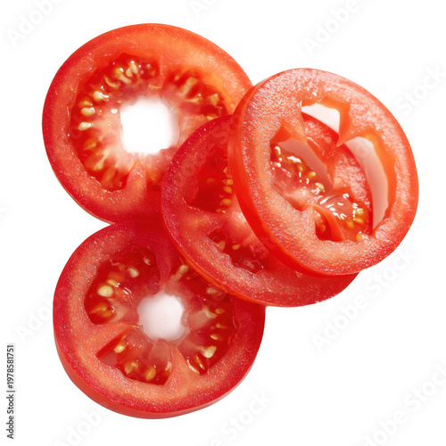 Three perfectly sliced tomato rings, vibrant red, against [Transparent Background PNG].
